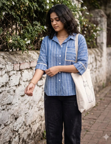 Blue Cotton Blend Pocket Shirt Style Boxy Top