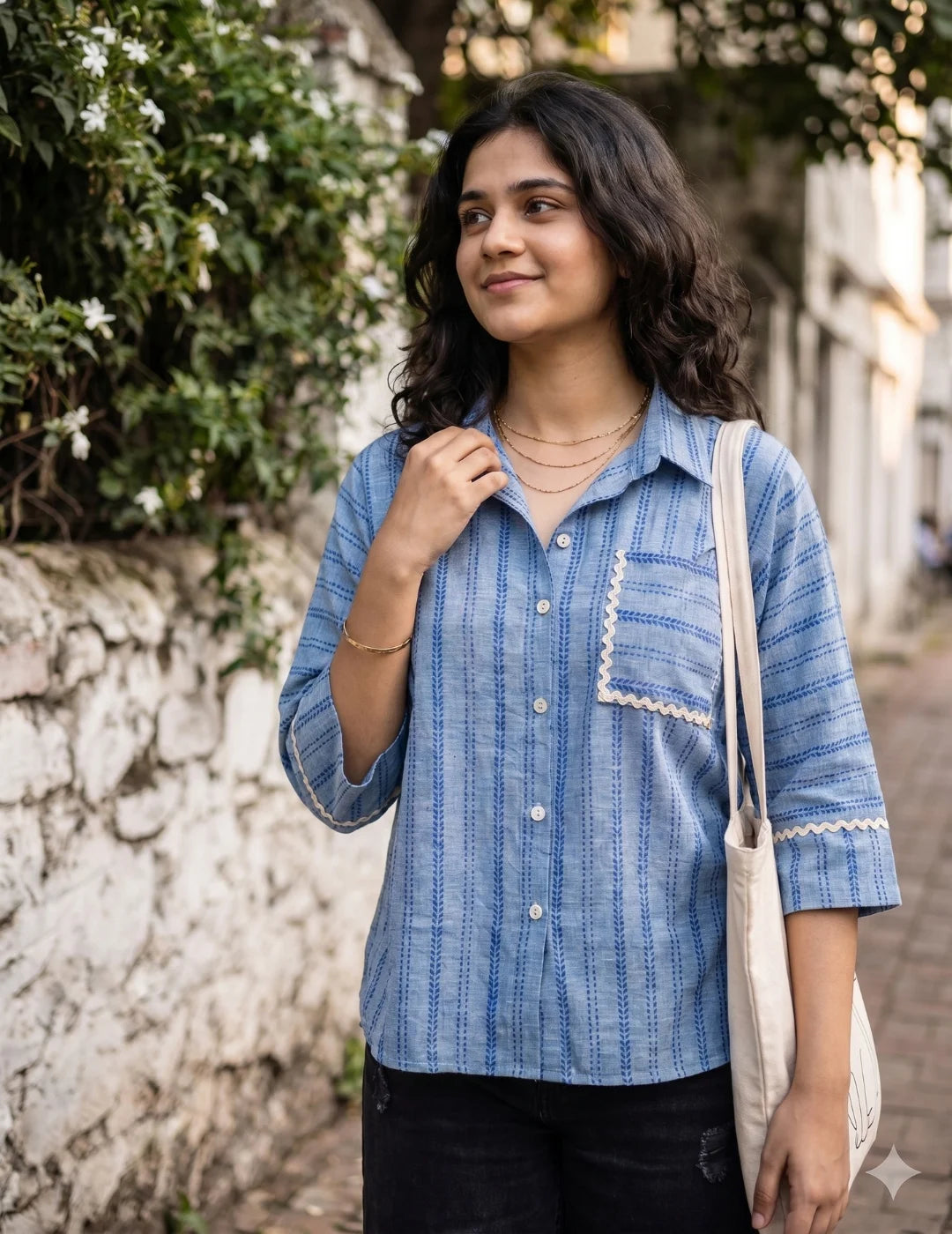 Blue Cotton Blend Pocket Shirt Style Boxy Top