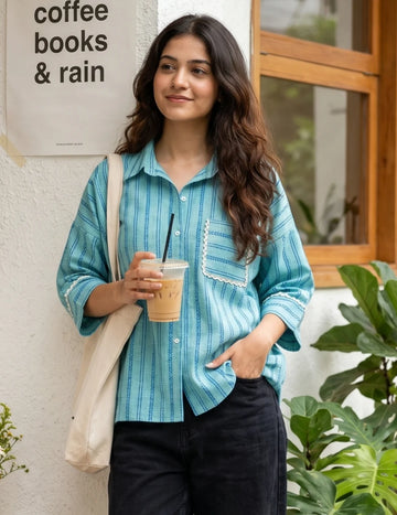 Rama Cotton Blend Pocket Shirt Style Boxy Top