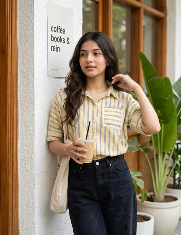 Yellow Cotton Blend Pocket Shirt Style Boxy Top
