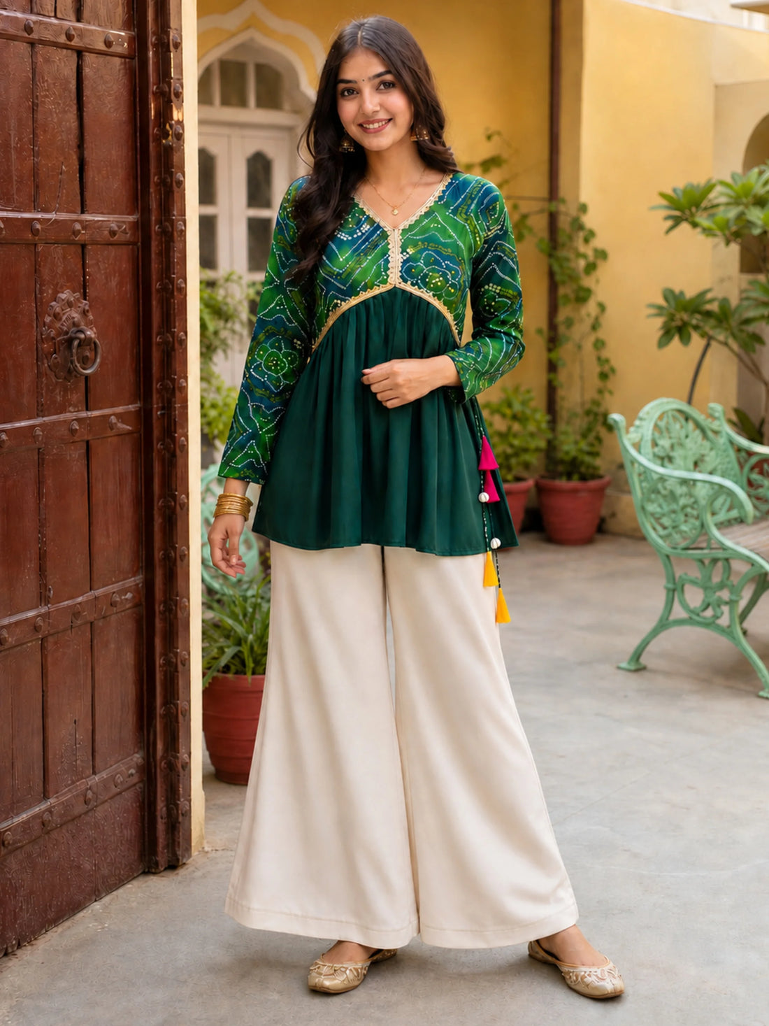 Green Rayon Bandhani Print With Latkan Alia Cut Peplum Navratri Short Kuri