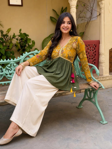 Mustard Rayon Bandhani Print With Latkan Alia Cut Peplum Navratri Short Kuri