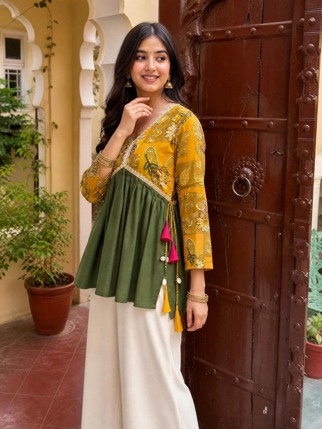Mustard Rayon Bandhani Print With Latkan Alia Cut Peplum Navratri Short Kuri