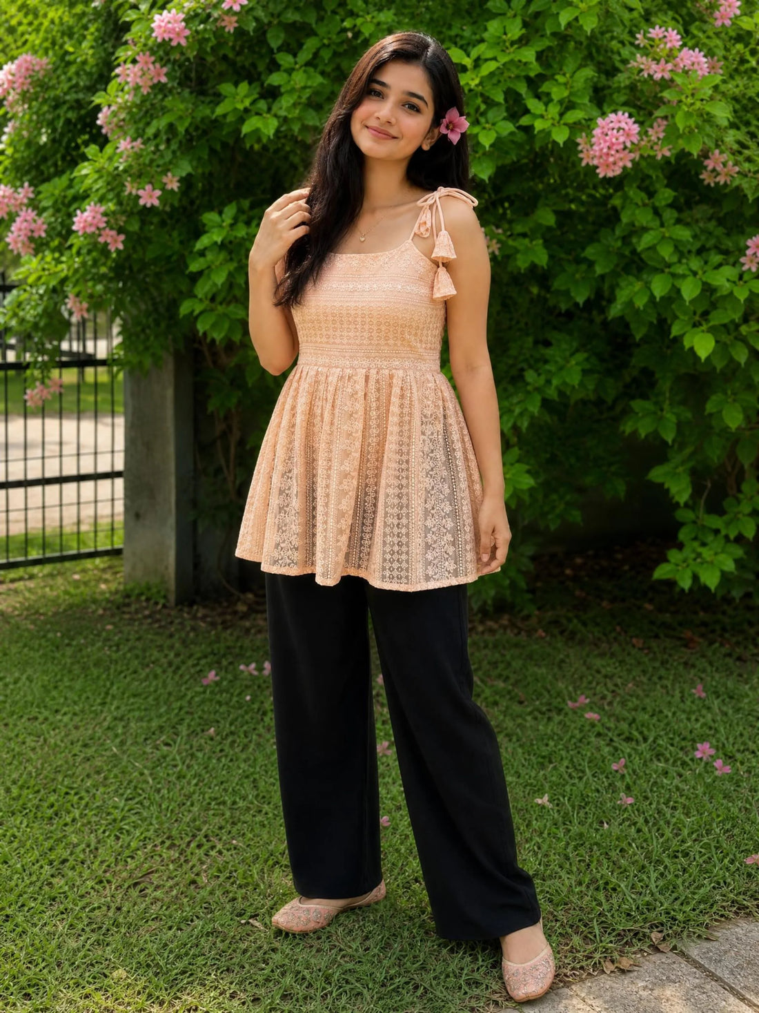 Brown Pink Schiffli Embroidery Tie-Up Shoulder Strap Peplum Top