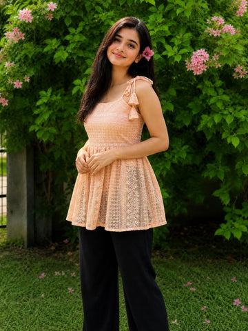 Brown Pink Schiffli Embroidery Tie-Up Shoulder Strap Peplum Top