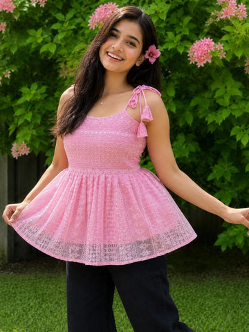 Light Pink Schiffli Embroidery Tie-Up Shoulder Strap Peplum Top