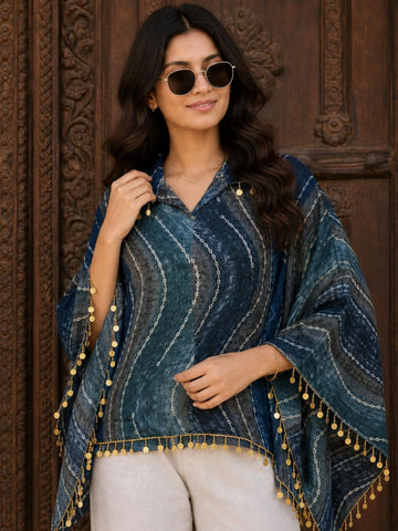 Grey Viscose Rayon Foil Print Kaftan Top