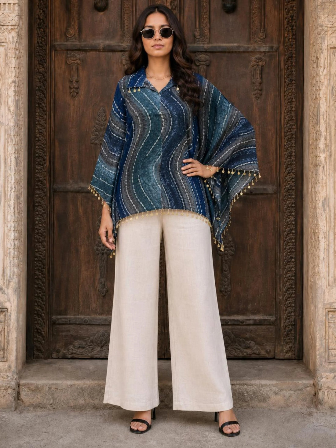 Grey Viscose Rayon Foil Print Kaftan Top