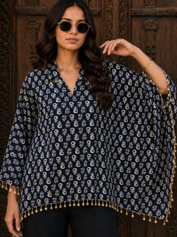 Navy Blue Viscose Rayon Foil Print Kaftan Top