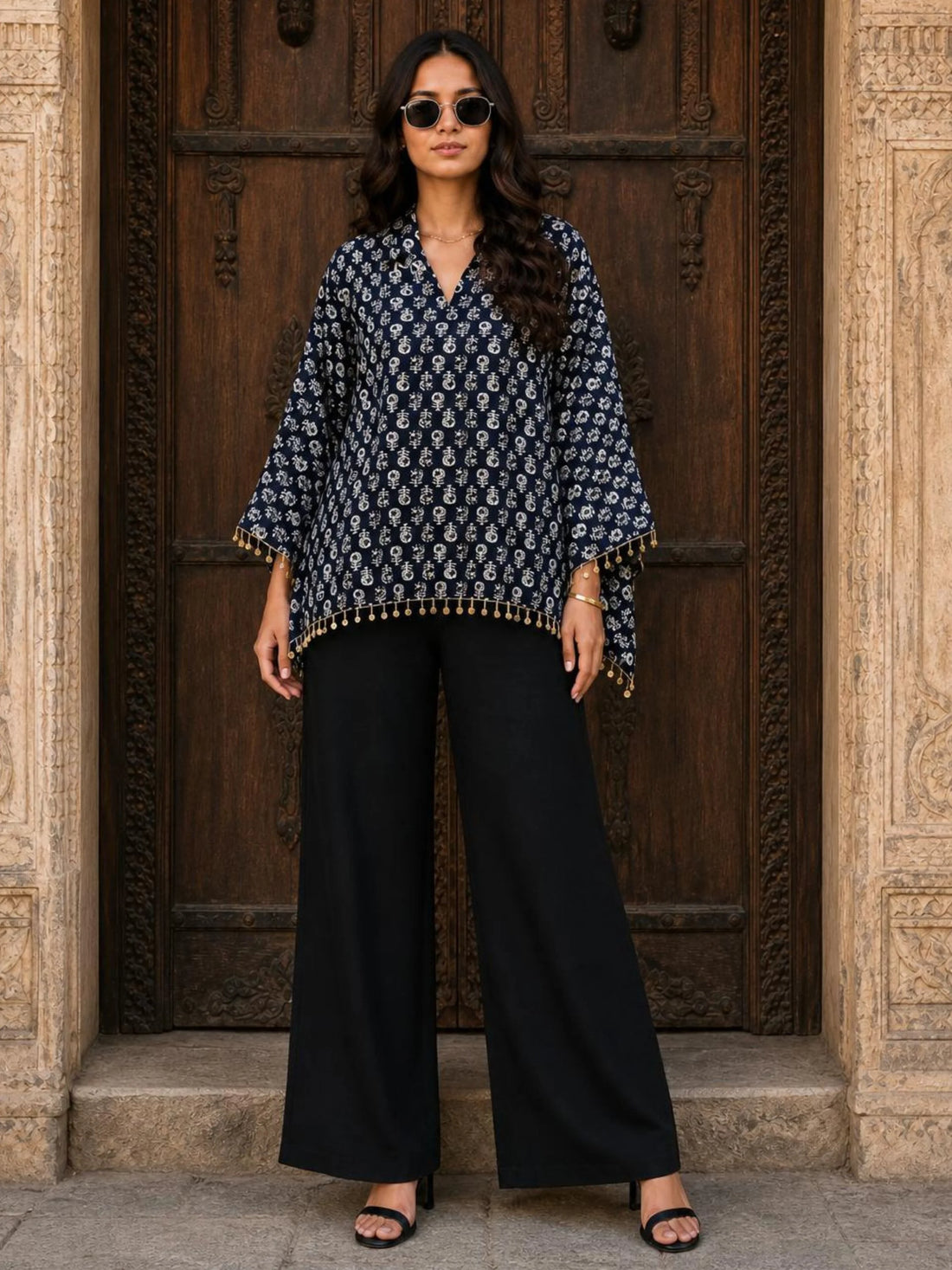 Navy Blue Viscose Rayon Foil Print Kaftan Top
