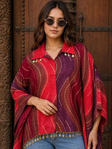 Red Viscose Rayon Foil Print Kaftan Top