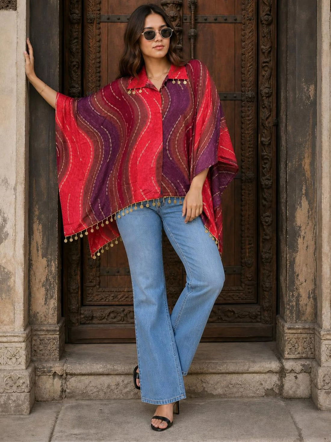 Red Viscose Rayon Foil Print Kaftan Top