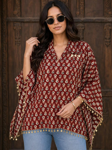 Rust Viscose Rayon Foil Print Kaftan Top
