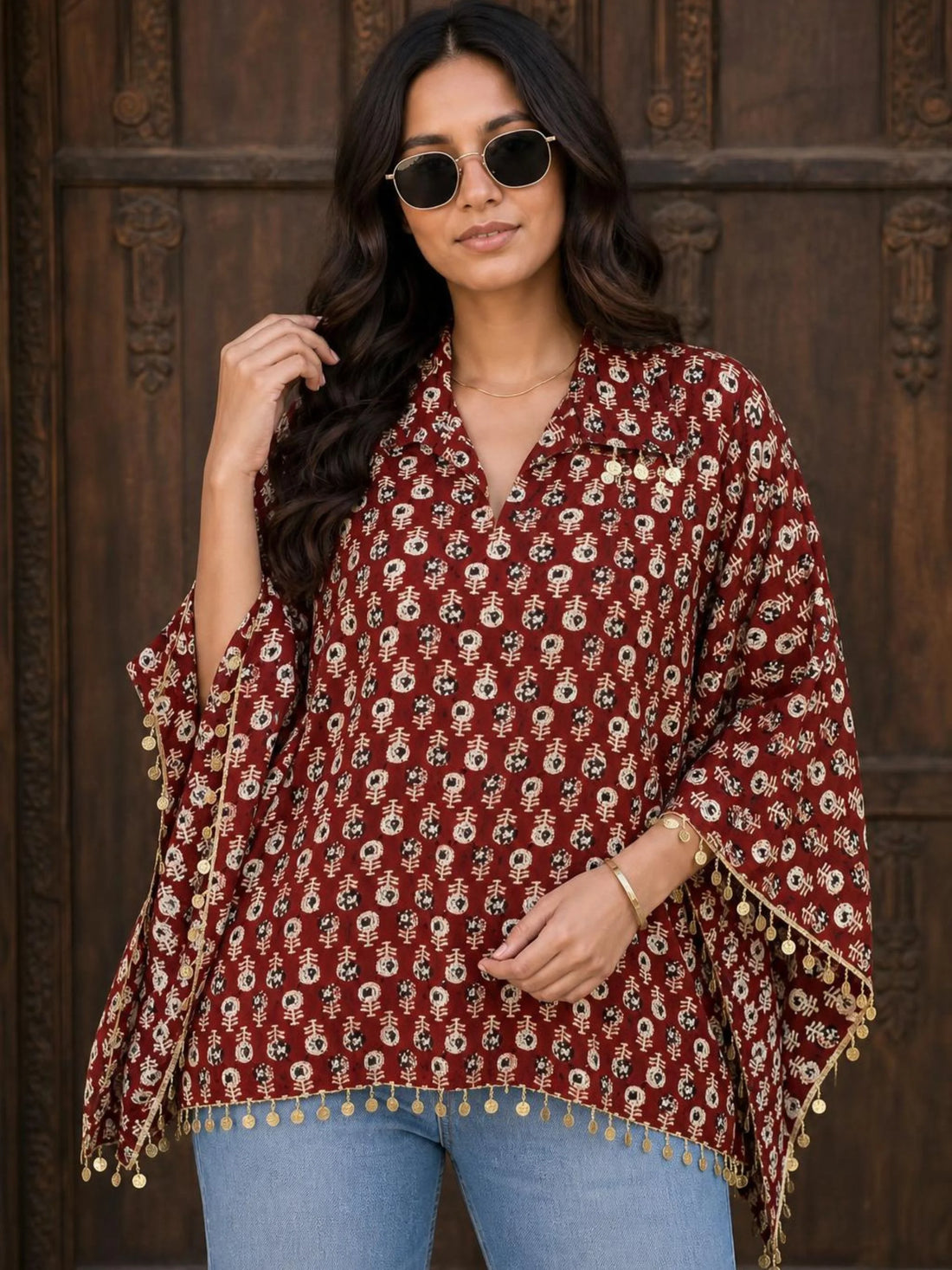 Rust Viscose Rayon Foil Print Kaftan Top
