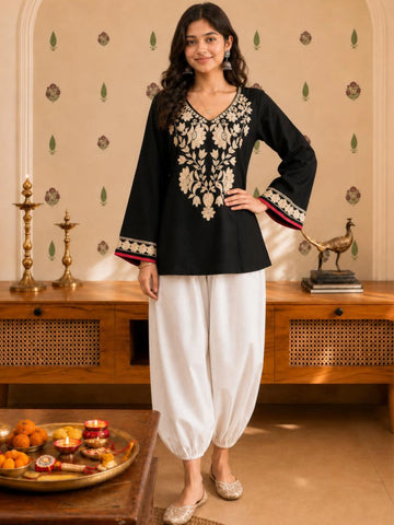 Black Viscose Rayon Floral Embroidered Straight Short Kurti