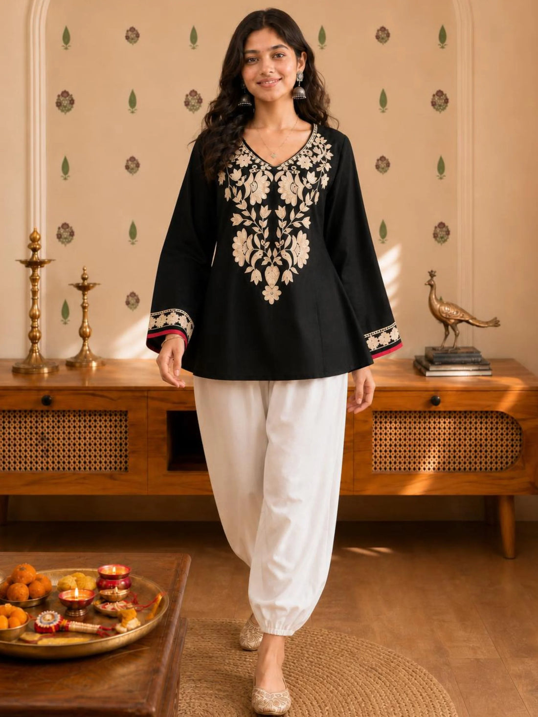 Black Viscose Rayon Floral Embroidered Straight Short Kurti
