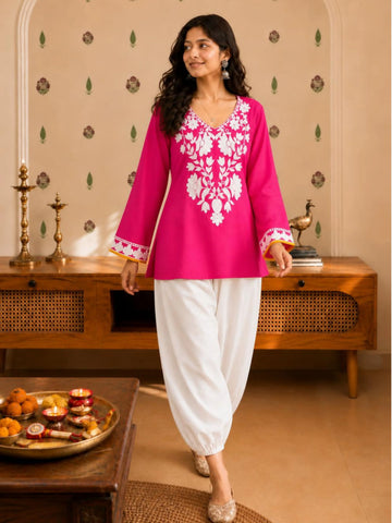 Pink Viscose Rayon Floral Embroidered Straight Short Kurti