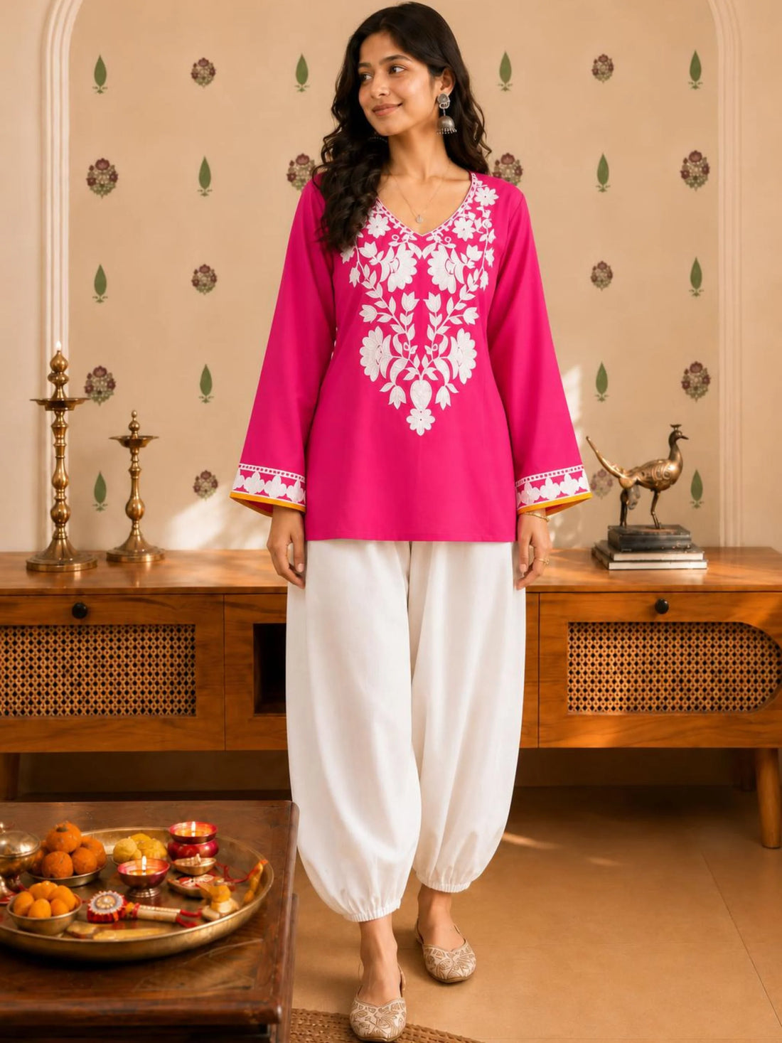 Pink Viscose Rayon Floral Embroidered Straight Short Kurti