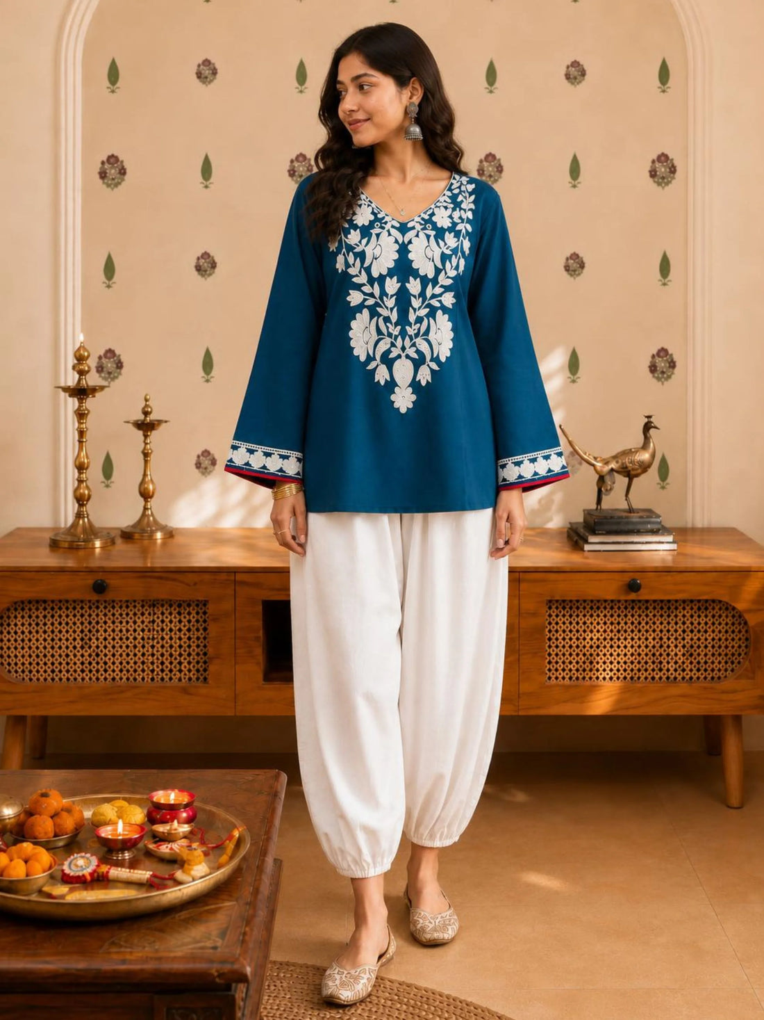 Teal Viscose Rayon Floral Embroidered Straight Short Kurti