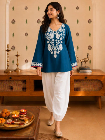 Teal Viscose Rayon Floral Embroidered Straight Short Kurti