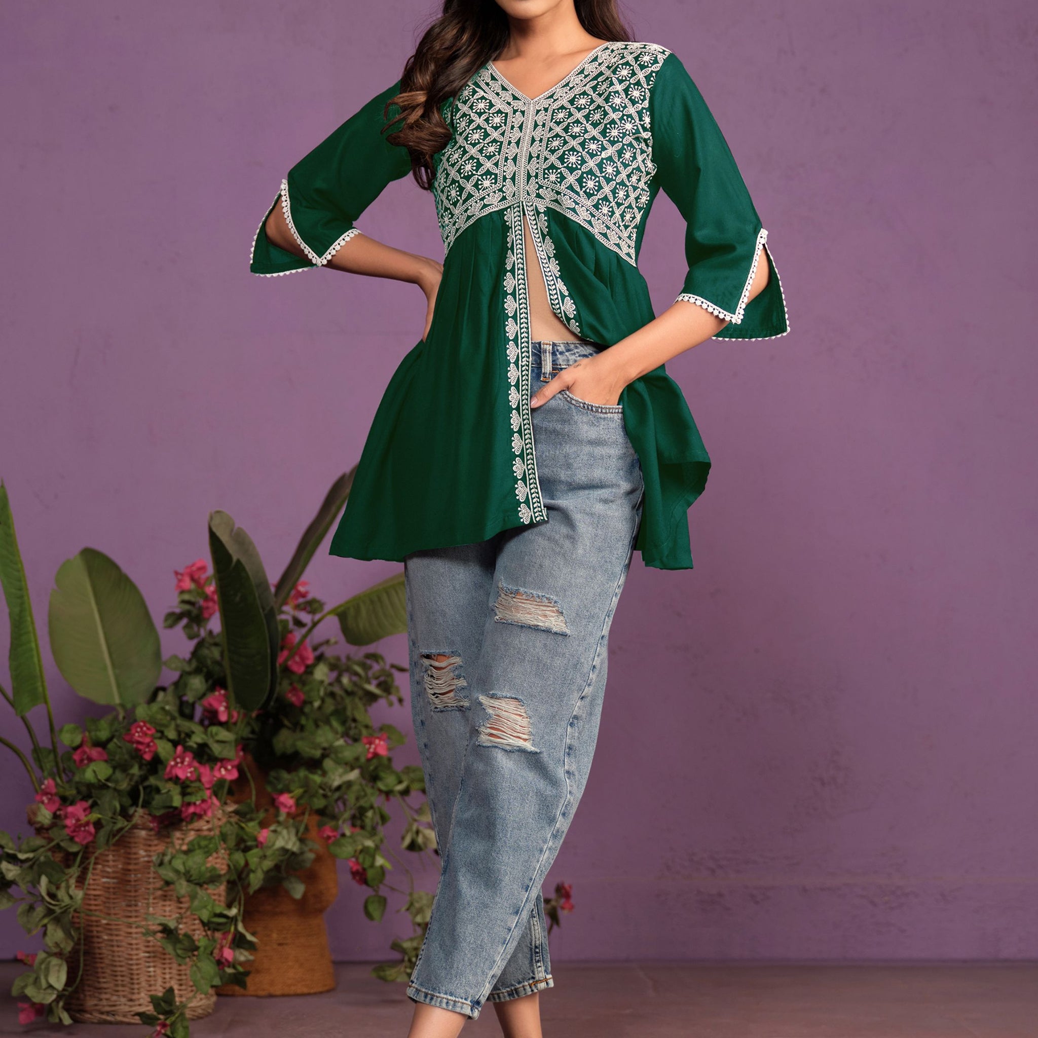 Green Cotton Rayon Chikankari Embroidery Summer Top