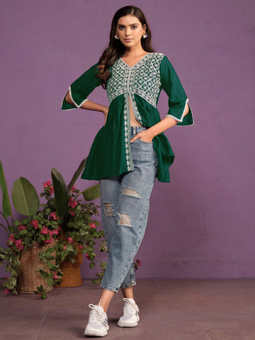 Green Cotton Rayon Chikankari Embroidery Summer Top