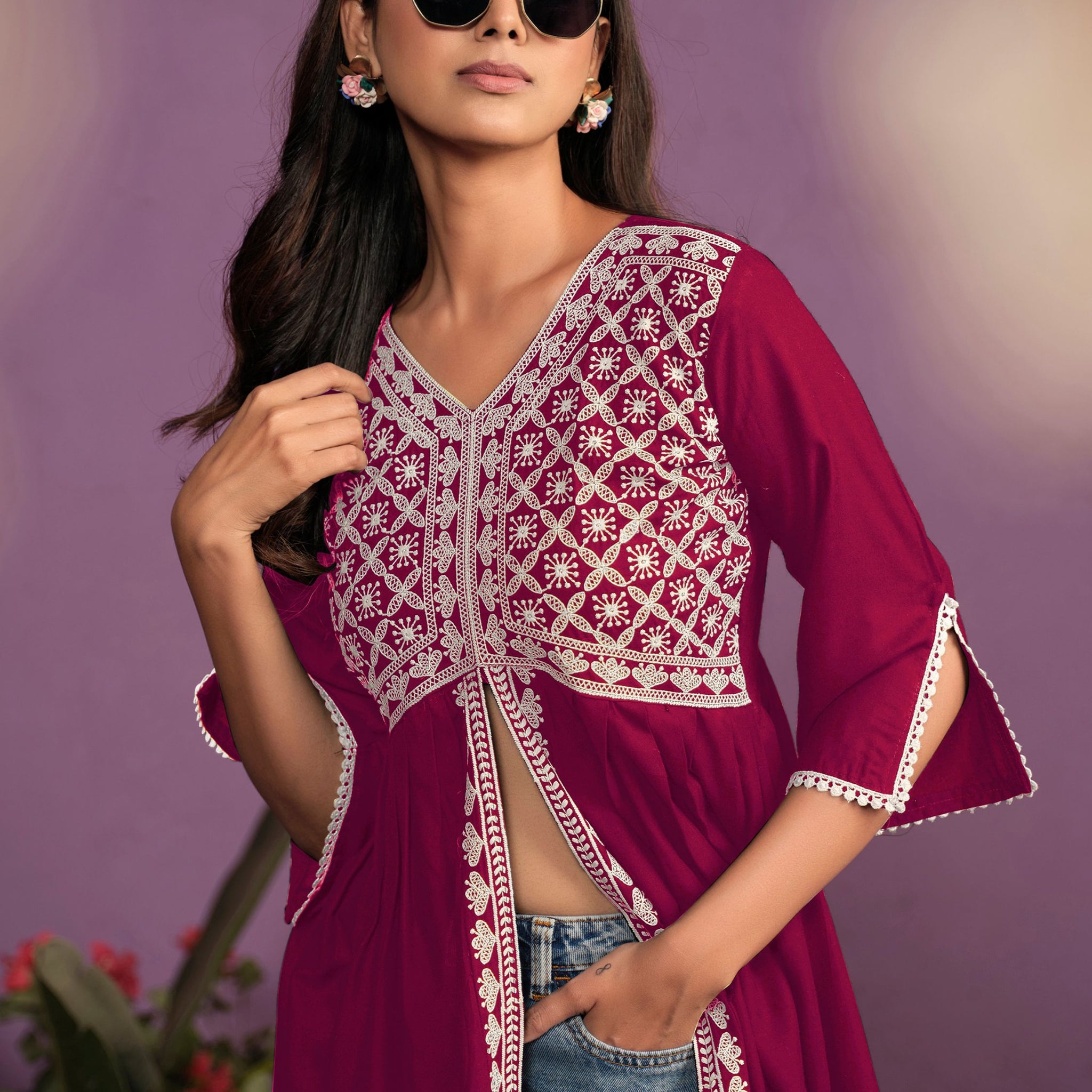 Maroon Cotton Rayon Chikankari Embroidery Summer Top