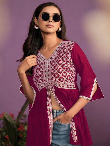 Maroon Cotton Rayon Chikankari Embroidery Summer Top