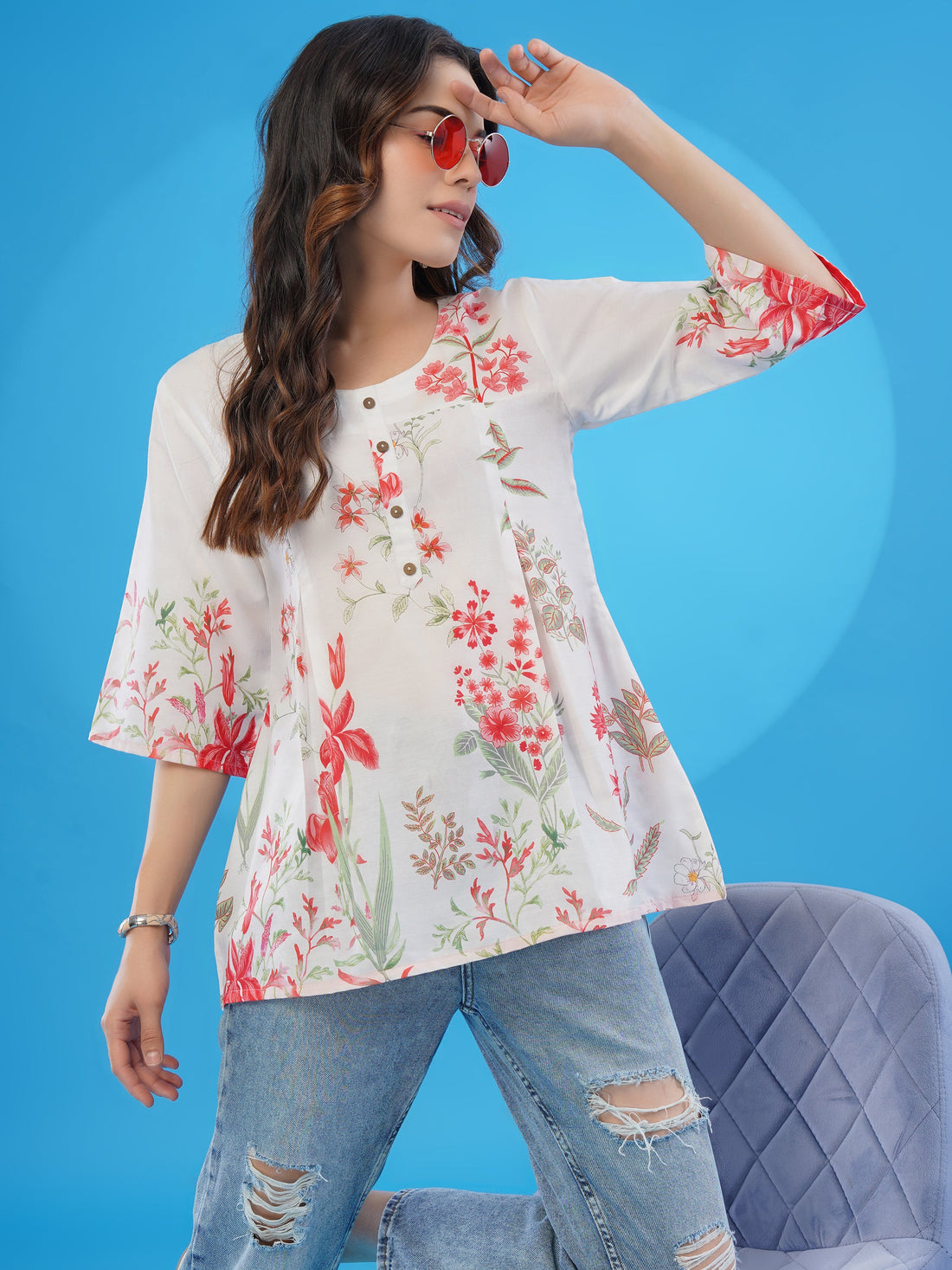 White Cotton Blend Printed Fancy Top