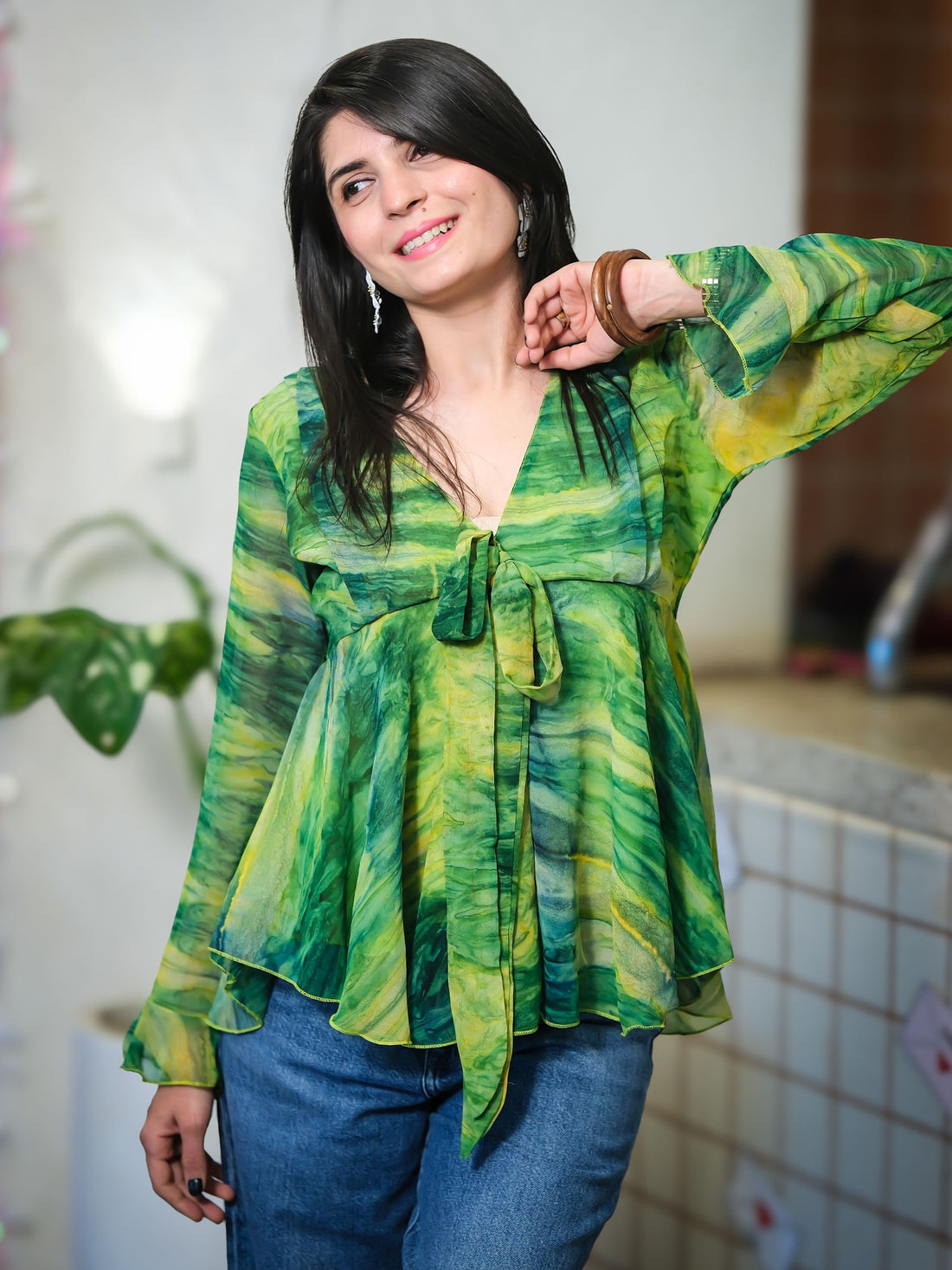 Green Ombre Georgette A-Line Peplum Top with Tie-Up Detail