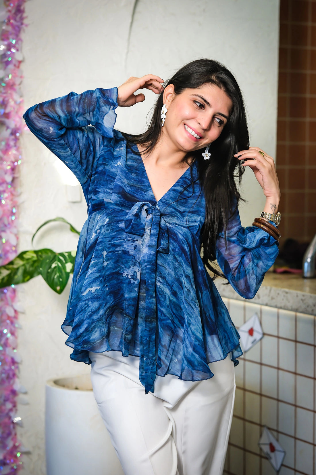 Light Blue Ombre Georgette A-Line Peplum Top with Tie-Up Detail
