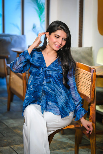 Light Blue Ombre Georgette A-Line Peplum Top with Tie-Up Detail