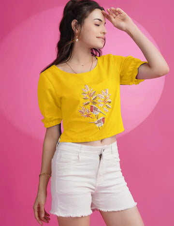 Mustard Rayon Embroidered Crop Top