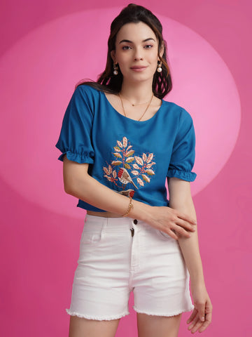 Teal Blue Rayon Embroidered Crop Top