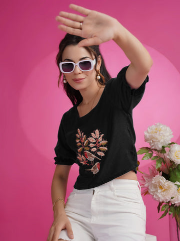 Black Rayon Embroidered Crop Top