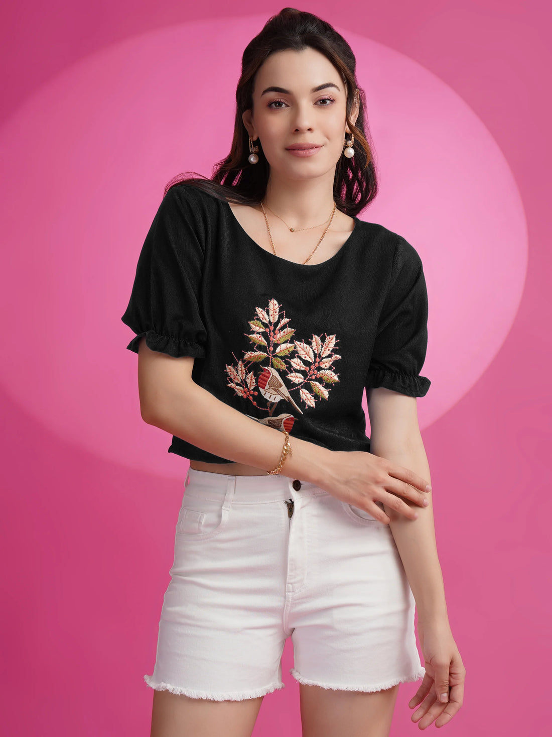 Black Rayon Embroidered Crop Top