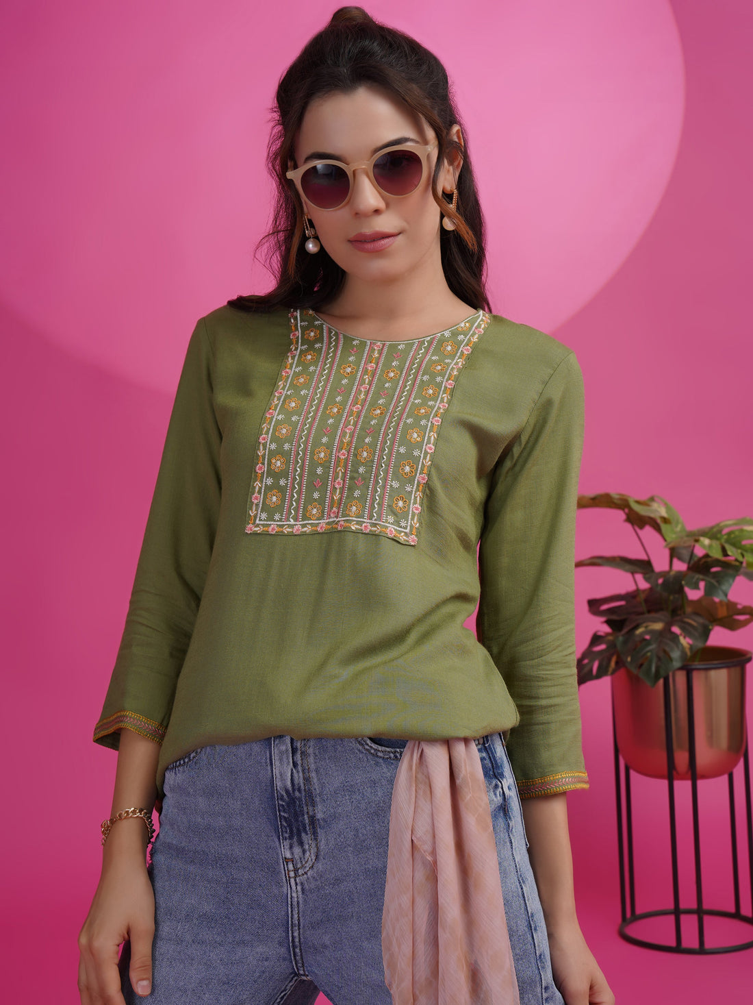 Dusty Green Cotton Rayon Embroidered Patch Work Short Kurti