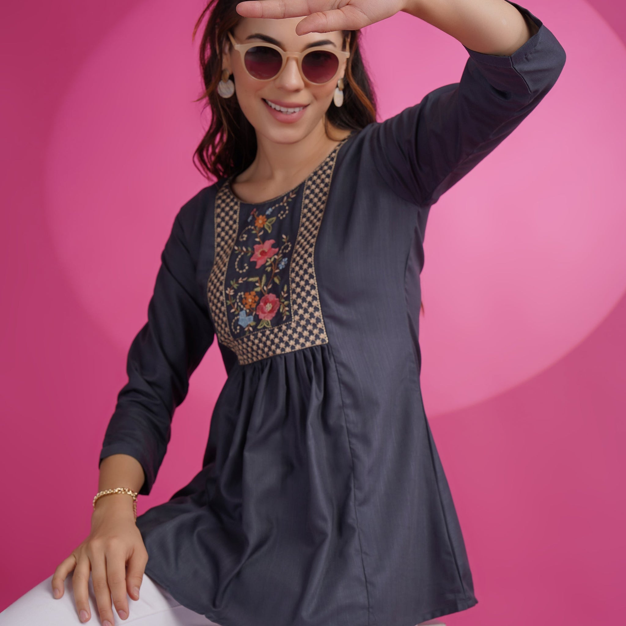 Cotton Rayon Embroidery Patch Work Short Kurti