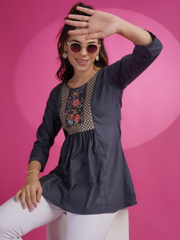 Cotton Rayon Embroidery Patch Work Short Kurti