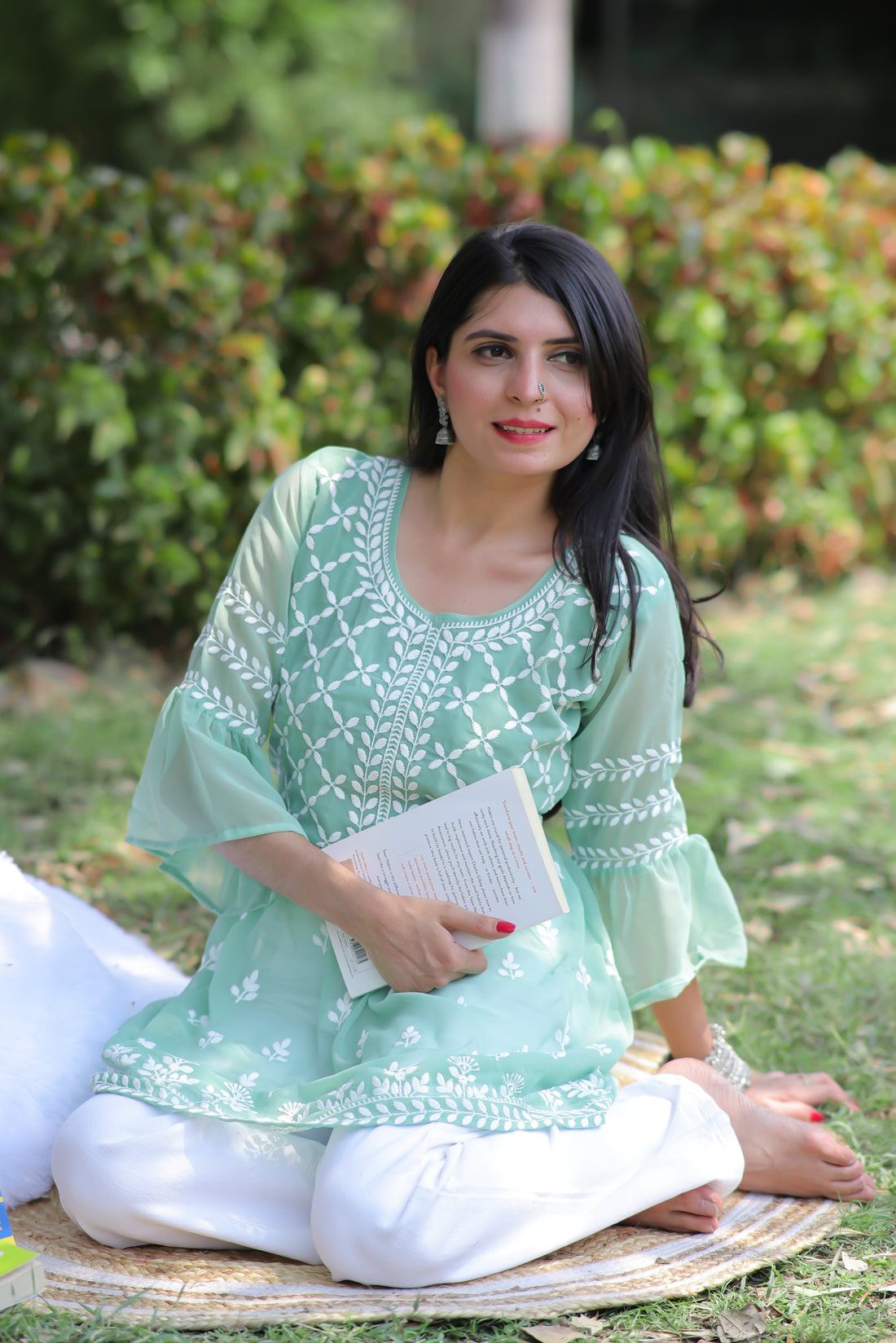 Dusty Green Georgette Chikankari Embroidered Short Kurti