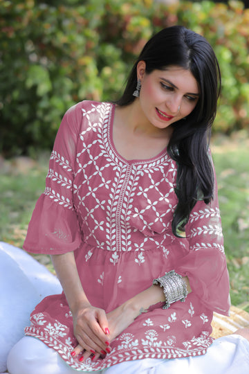 Pink Georgette Chikankari Embroidered Short Kurti