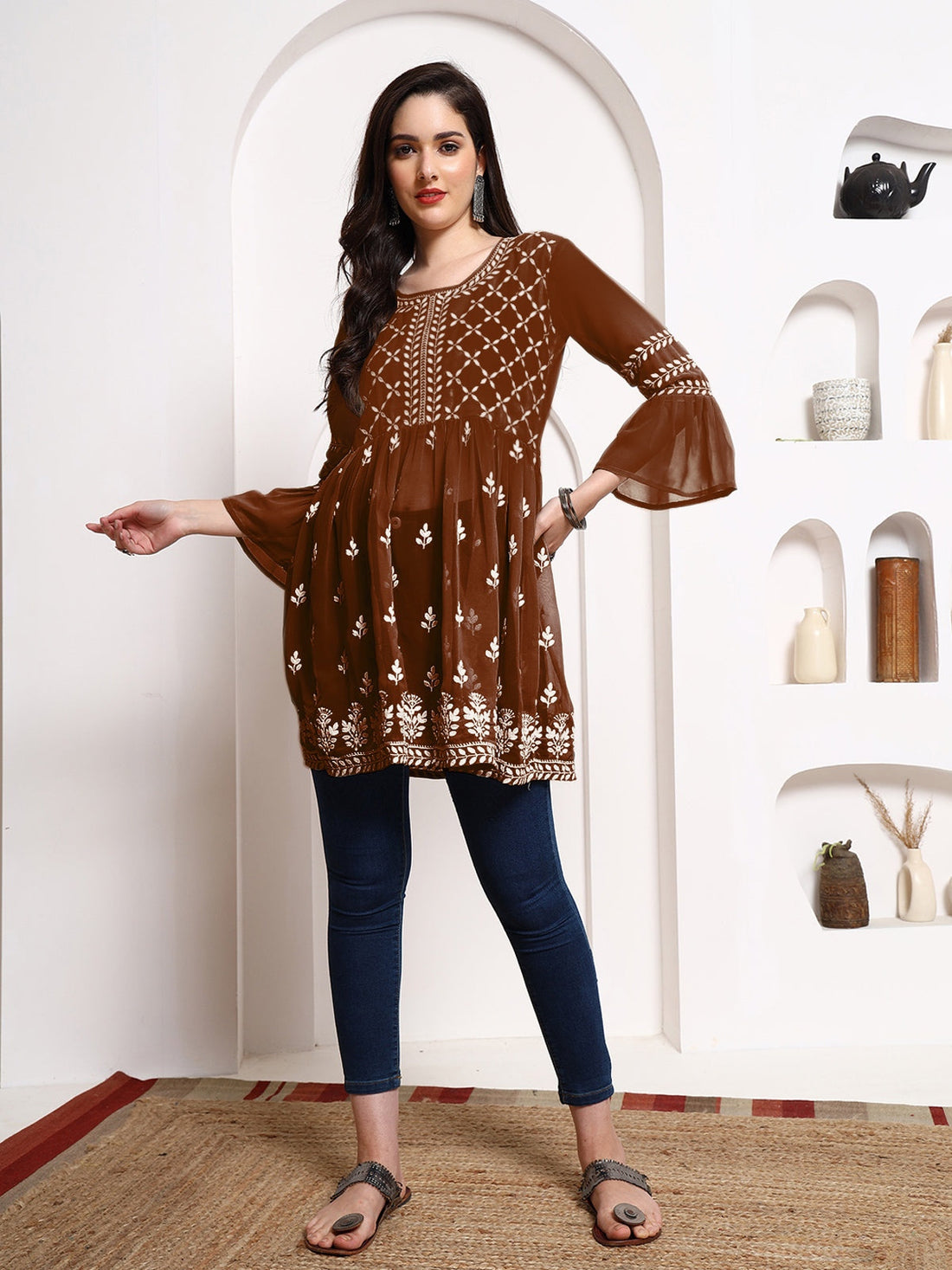 Rust Georgette Chikankari Embroidered Short Kurti