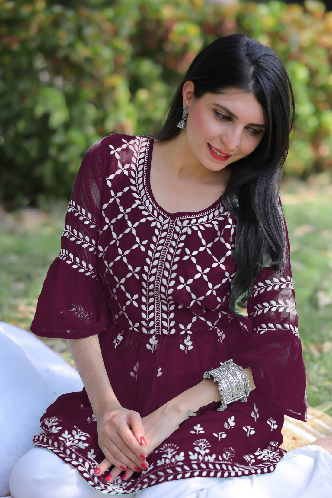 Wine Georgette Chikankari Embroidered Short Kurti