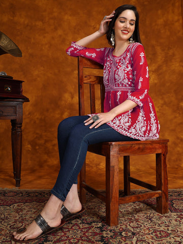 Cherry Red Georgette Chikankari Embroidered Short Kurti