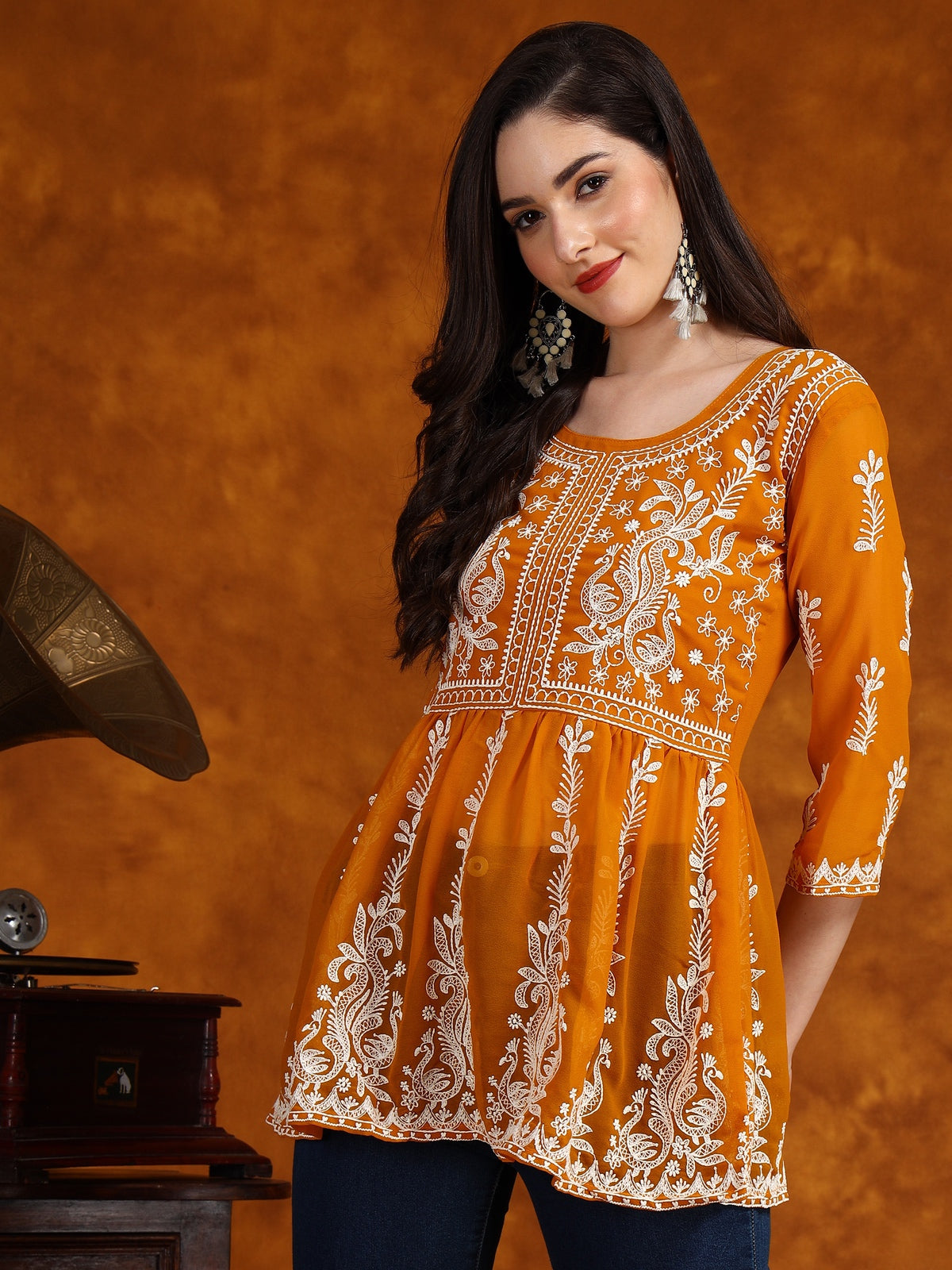Mustard Georgette Chikankari Embroidered Short Kurti
