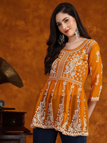 Mustard Georgette Chikankari Embroidered Short Kurti
