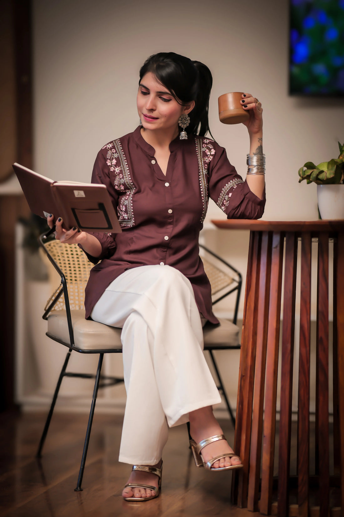 Brown Viscose Rayon Embroidered A-line Short Kurti