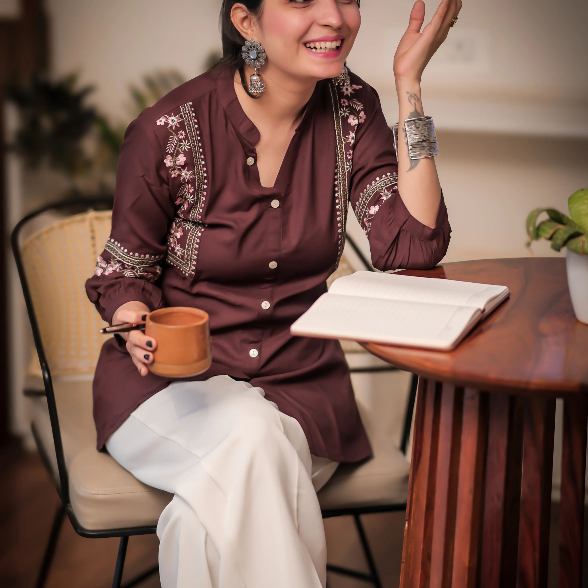 Brown Viscose Rayon Embroidered A-line Short Kurti