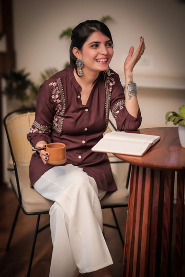 Brown Viscose Rayon Embroidered A-line Short Kurti
