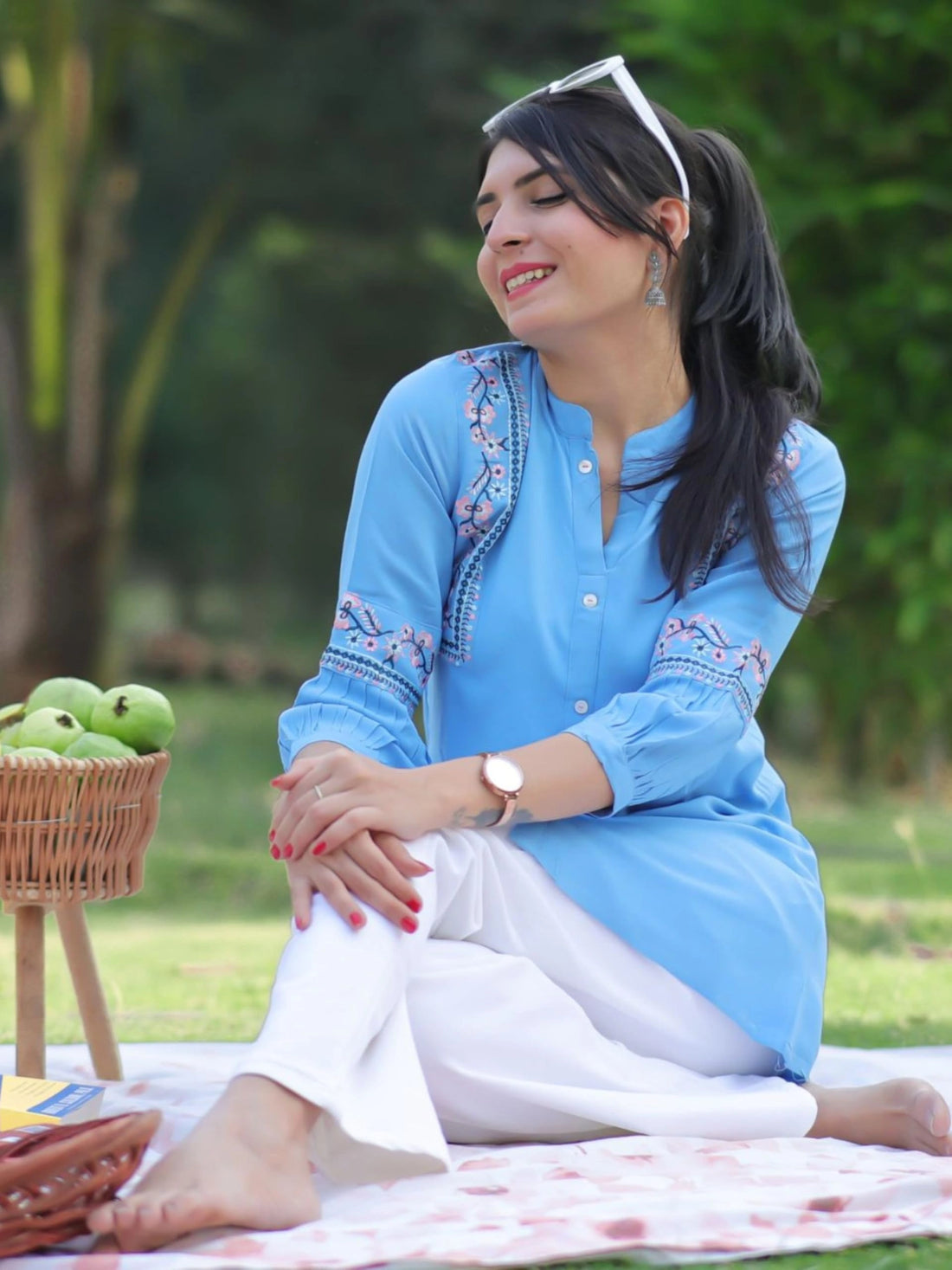 Light Blue Viscose Rayon Embroidered A-Line Short Kurti